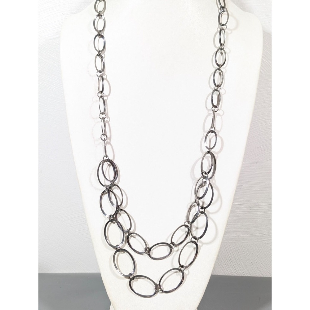 Gray Metallic Oval Chain Link Long Necklace Whismigoth Y2K 38"